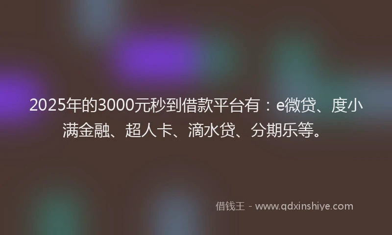 2025年的3000元秒到借款平台有：e微贷、度小满金融、超人卡、滴水贷、分期乐等。