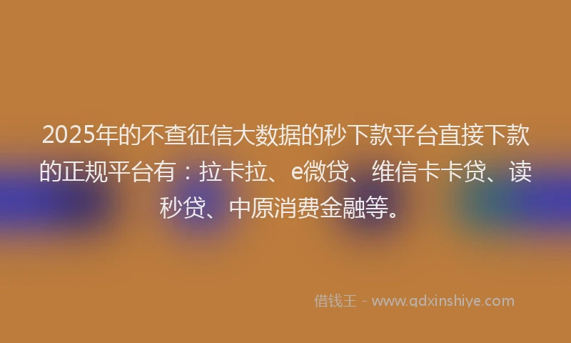 2025年的不查征信大数据的秒下款平台直接下款的正规平台有：拉卡拉、e微贷、维信卡卡贷、读秒贷、中原消费金融等。