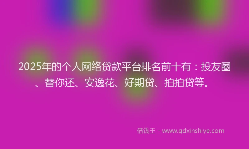 2025年的个人网络贷款平台排名前十有：投友圈、替你还、安逸花、好期贷、拍拍贷等。
