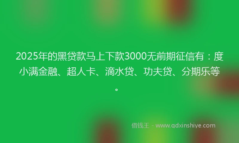 2025年的黑贷款马上下款3000无前期征信有：度小满金融、超人卡、滴水贷、功夫贷、分期乐等。