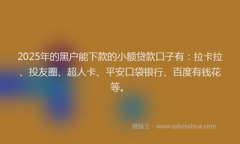 2025年的黑户能下款的小额贷款口子有：拉卡拉、投友圈、超人卡、平安口袋银行、百度有钱花等。