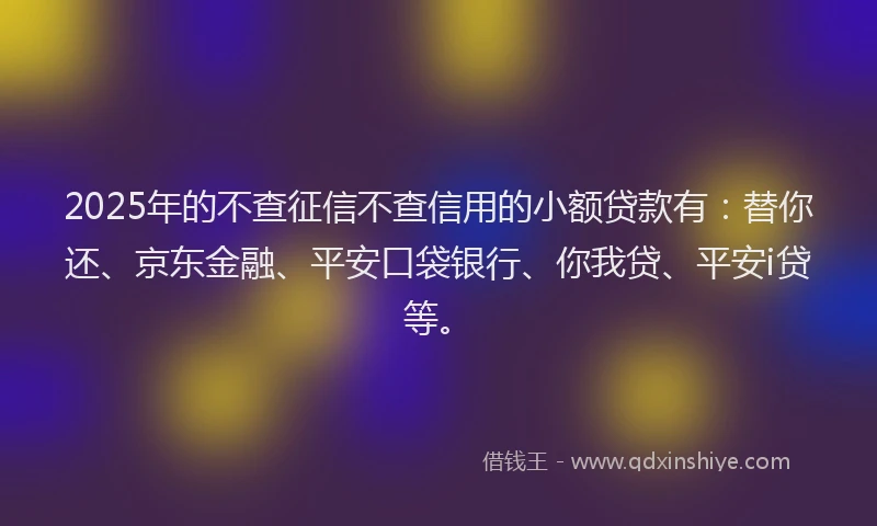 2025年的不查征信不查信用的小额贷款有：替你还、京东金融、平安口袋银行、你我贷、平安i贷等。