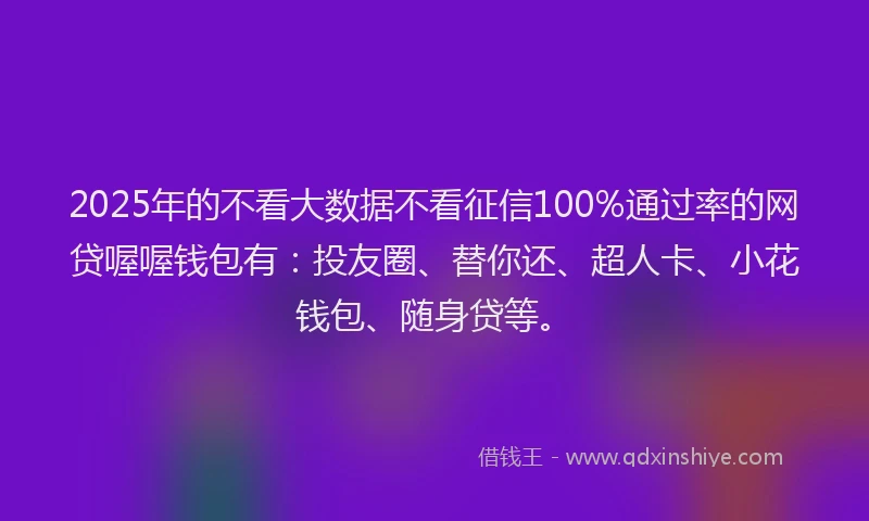 2025年的不看大数据不看征信100%通过率的网贷喔喔钱包有：投友圈、替你还、超人卡、小花钱包、随身贷等。