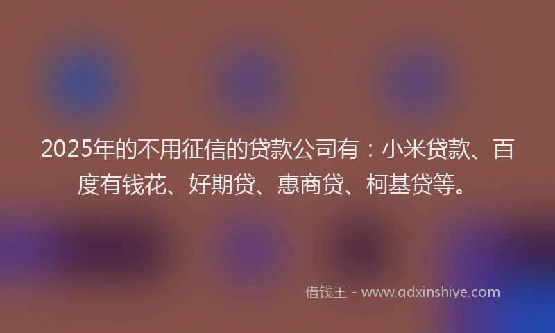 2025年的不用征信的贷款公司有：小米贷款、百度有钱花、好期贷、惠商贷、柯基贷等。