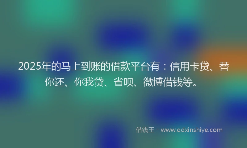 2025年的马上到账的借款平台有：信用卡贷、替你还、你我贷、省呗、微博借钱等。