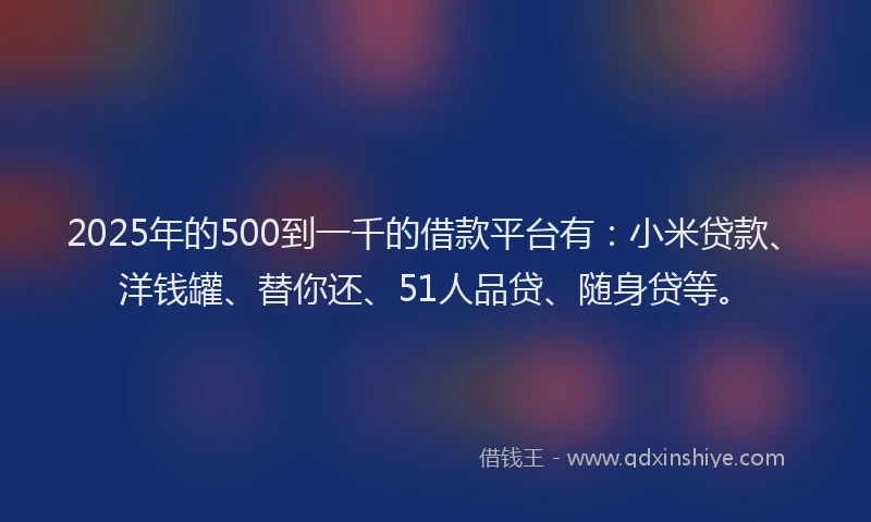 2025年的500到一千的借款平台有：小米贷款、洋钱罐、替你还、51人品贷、随身贷等。