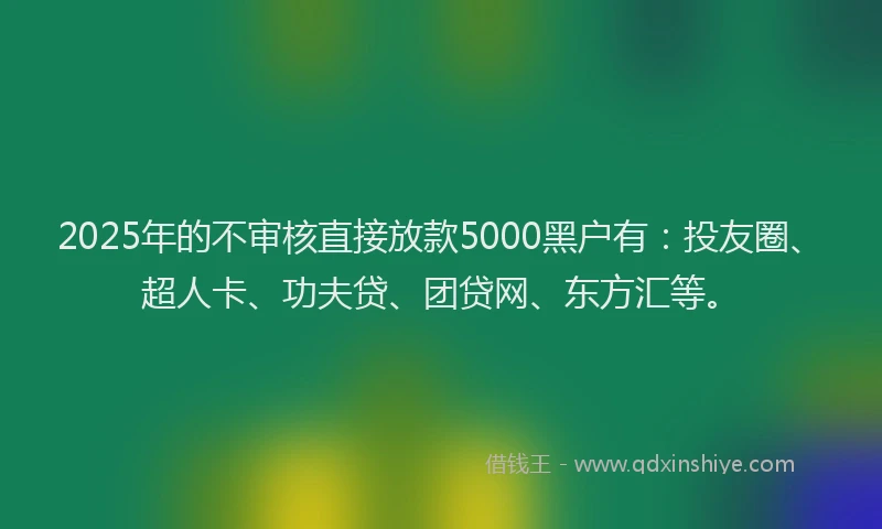 2025年的不审核直接放款5000黑户有：投友圈、超人卡、功夫贷、团贷网、东方汇等。
