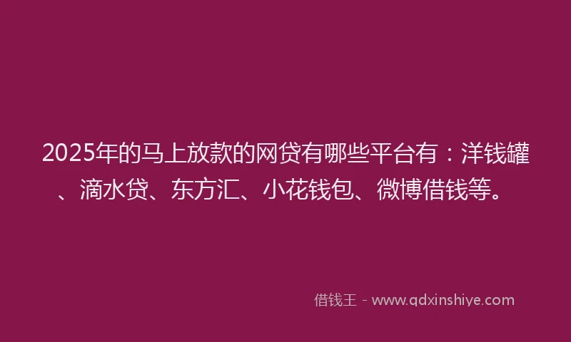 2025年的马上放款的网贷有哪些平台有：洋钱罐、滴水贷、东方汇、小花钱包、微博借钱等。