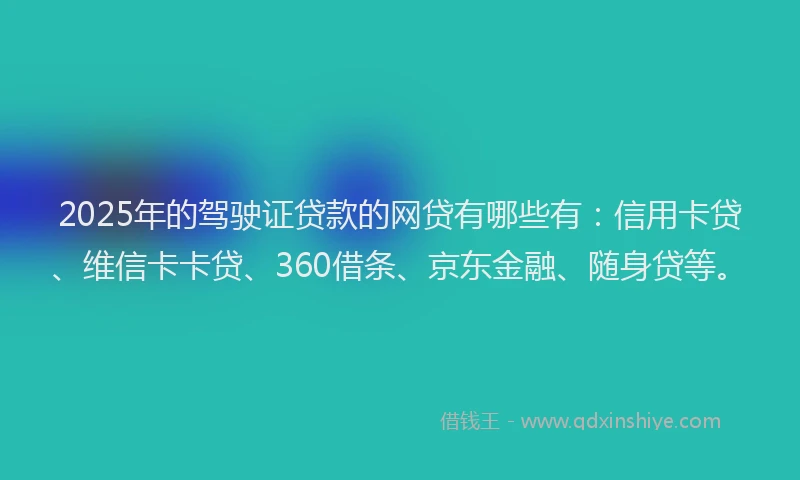 2025年的驾驶证贷款的网贷有哪些有：信用卡贷、维信卡卡贷、360借条、京东金融、随身贷等。