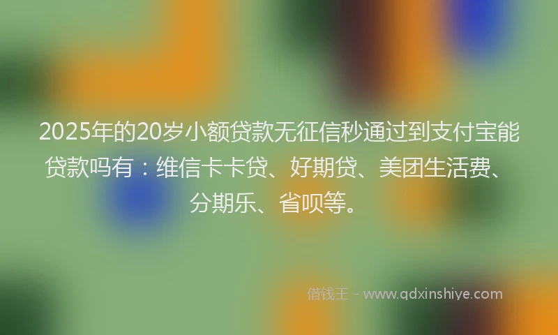 2025年的20岁小额贷款无征信秒通过到支付宝能贷款吗有：维信卡卡贷、好期贷、美团生活费、分期乐、省呗等。