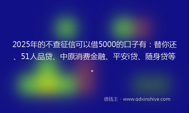 2025年的不查征信可以借5000的口子有：替你还、51人品贷、中原消费金融、平安i贷、随身贷等。