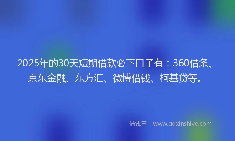 2025年的30天短期借款必下口子有：360借条、京东金融、东方汇、微博借钱、柯基贷等。