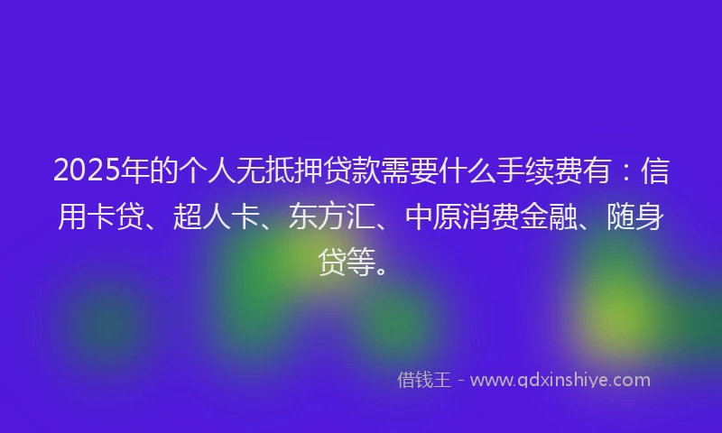 2025年的个人无抵押贷款需要什么手续费有：信用卡贷、超人卡、东方汇、中原消费金融、随身贷等。