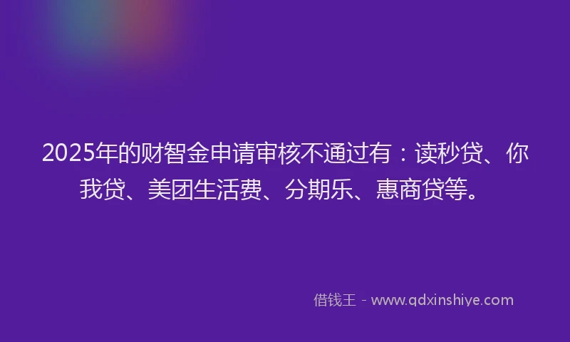 2025年的财智金申请审核不通过有：读秒贷、你我贷、美团生活费、分期乐、惠商贷等。