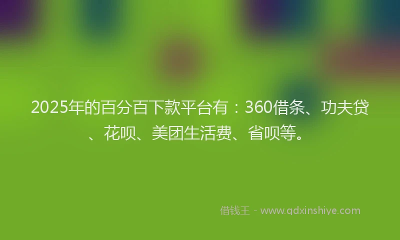 2025年的百分百下款平台有：360借条、功夫贷、花呗、美团生活费、省呗等。