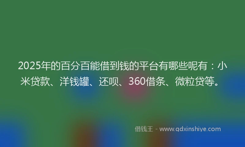 2025年的百分百能借到钱的平台有哪些呢有：小米贷款、洋钱罐、还呗、360借条、微粒贷等。