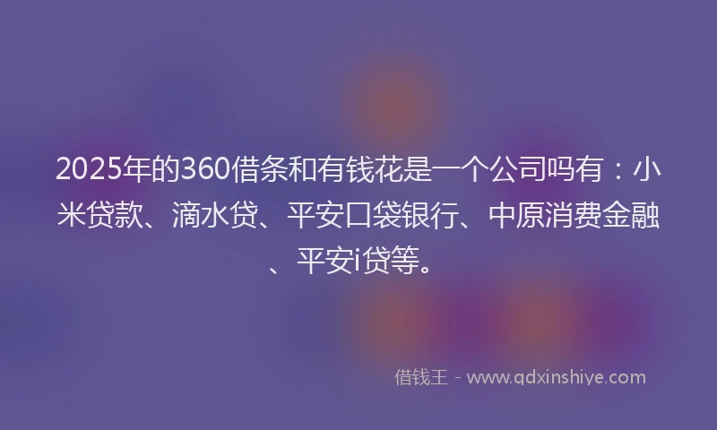 2025年的360借条和有钱花是一个公司吗有：小米贷款、滴水贷、平安口袋银行、中原消费金融、平安i贷等。