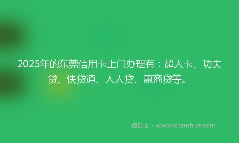 2025年的东莞信用卡上门办理有：超人卡、功夫贷、快贷通、人人贷、惠商贷等。