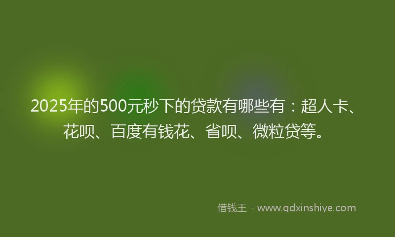 2025年的500元秒下的贷款有哪些有：超人卡、花呗、百度有钱花、省呗、微粒贷等。