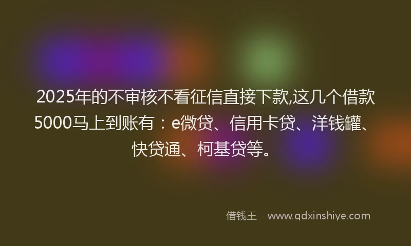 2025年的不审核不看征信直接下款,这几个借款5000马上到账有：e微贷、信用卡贷、洋钱罐、快贷通、柯基贷等。