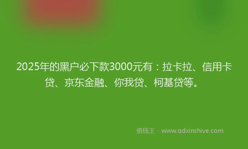 2025年的黑户必下款3000元有：拉卡拉、信用卡贷、京东金融、你我贷、柯基贷等。