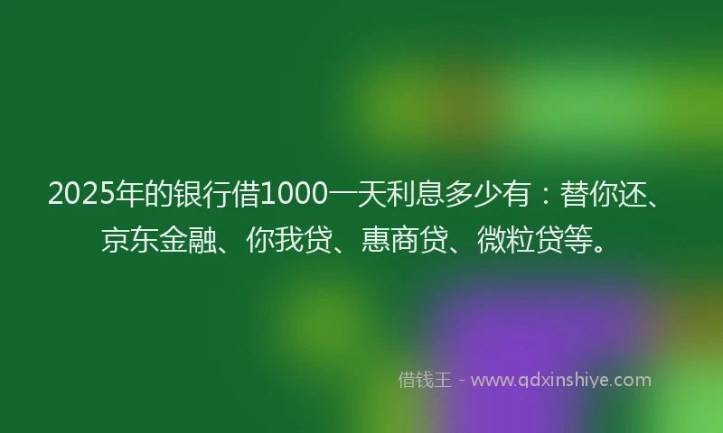 2025年的银行借1000一天利息多少有：替你还、京东金融、你我贷、惠商贷、微粒贷等。