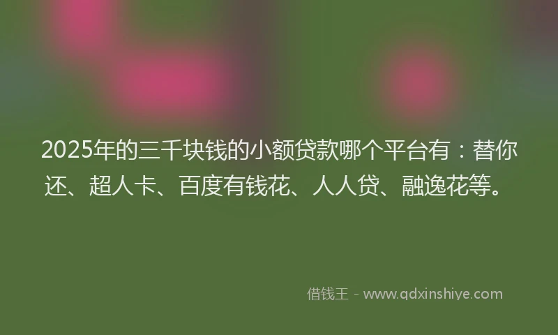 2025年的三千块钱的小额贷款哪个平台有：替你还、超人卡、百度有钱花、人人贷、融逸花等。
