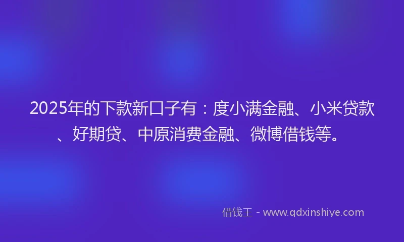 2025年的下款新口子有：度小满金融、小米贷款、好期贷、中原消费金融、微博借钱等。