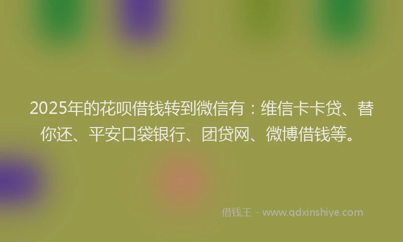 2025年的花呗借钱转到微信有：维信卡卡贷、替你还、平安口袋银行、团贷网、微博借钱等。