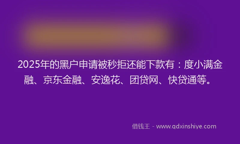 2025年的黑户申请被秒拒还能下款有：度小满金融、京东金融、安逸花、团贷网、快贷通等。