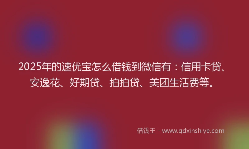 2025年的速优宝怎么借钱到微信有：信用卡贷、安逸花、好期贷、拍拍贷、美团生活费等。