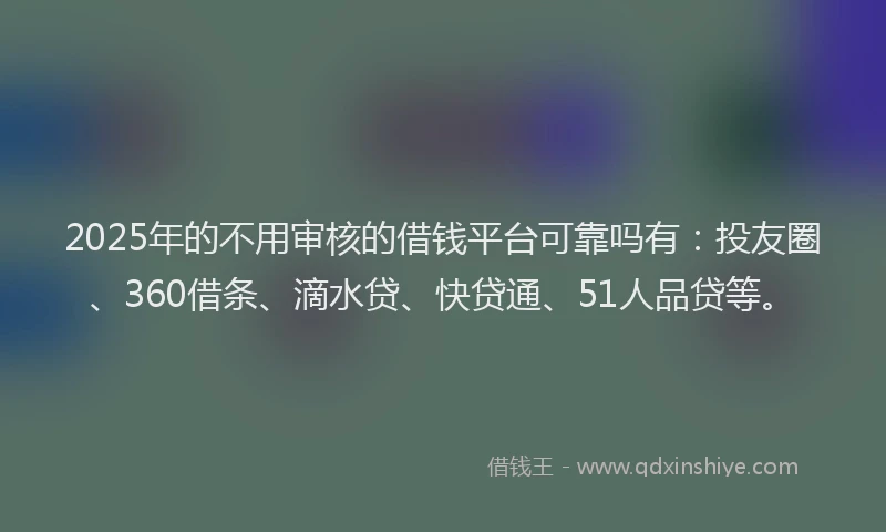 2025年的不用审核的借钱平台可靠吗有：投友圈、360借条、滴水贷、快贷通、51人品贷等。