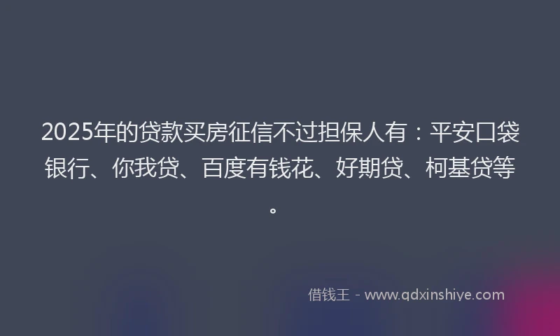 2025年的贷款买房征信不过担保人有：平安口袋银行、你我贷、百度有钱花、好期贷、柯基贷等。