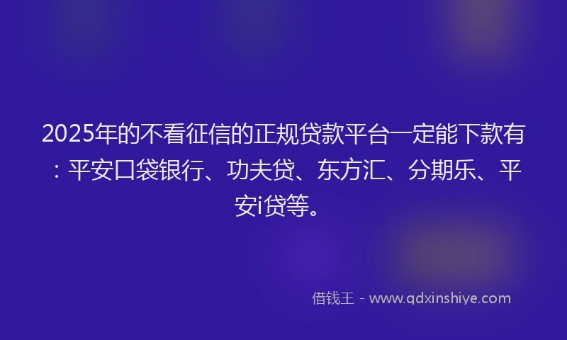 2025年的不看征信的正规贷款平台一定能下款有：平安口袋银行、功夫贷、东方汇、分期乐、平安i贷等。