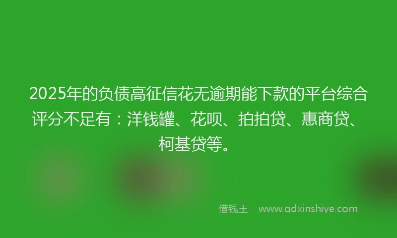 2025年的负债高征信花无逾期能下款的平台综合评分不足有：洋钱罐、花呗、拍拍贷、惠商贷、柯基贷等。