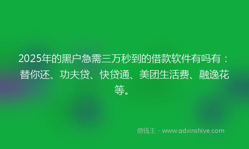 2025年的黑户急需三万秒到的借款软件有吗有：替你还、功夫贷、快贷通、美团生活费、融逸花等。