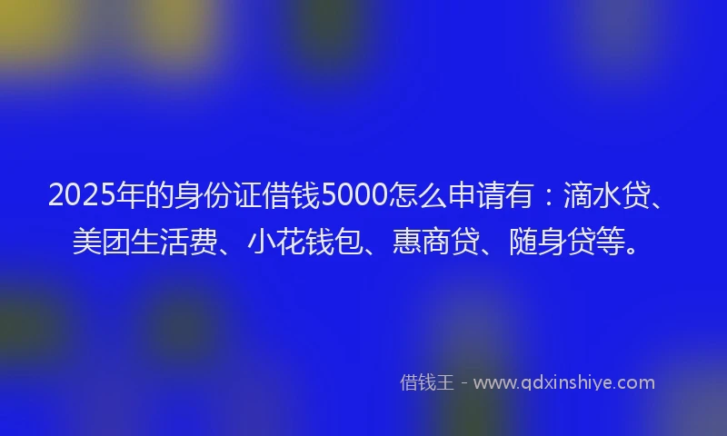 2025年的身份证借钱5000怎么申请有：滴水贷、美团生活费、小花钱包、惠商贷、随身贷等。