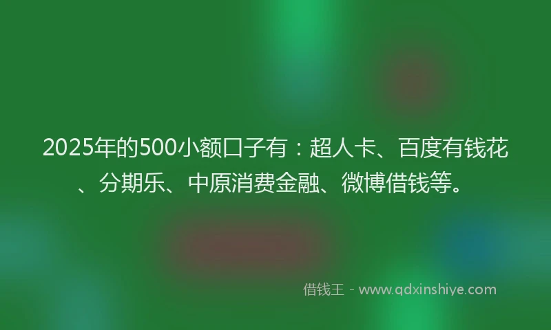 2025年的500小额口子有：超人卡、百度有钱花、分期乐、中原消费金融、微博借钱等。