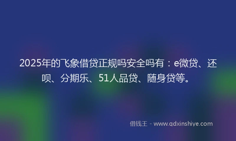 2025年的飞象借贷正规吗安全吗有：e微贷、还呗、分期乐、51人品贷、随身贷等。