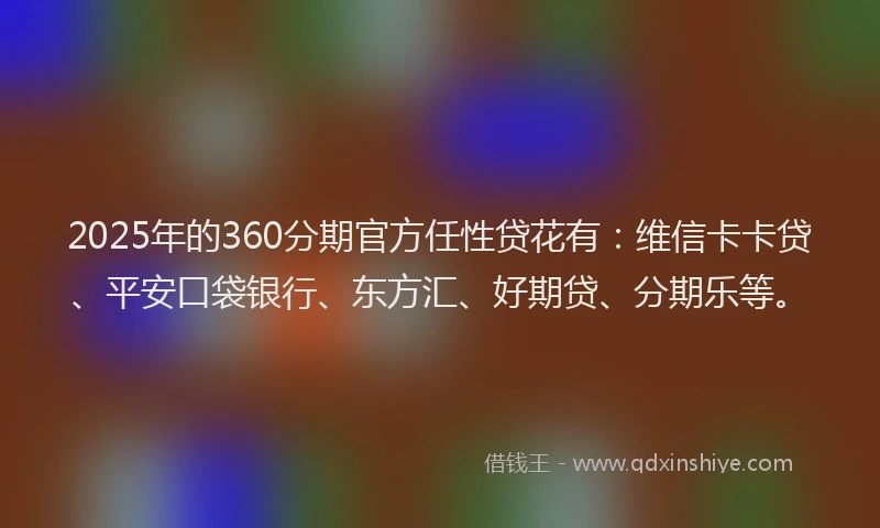 2025年的360分期官方任性贷花有：维信卡卡贷、平安口袋银行、东方汇、好期贷、分期乐等。