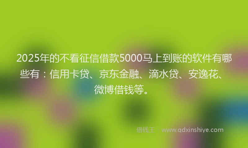 2025年的不看征信借款5000马上到账的软件有哪些有：信用卡贷、京东金融、滴水贷、安逸花、微博借钱等。