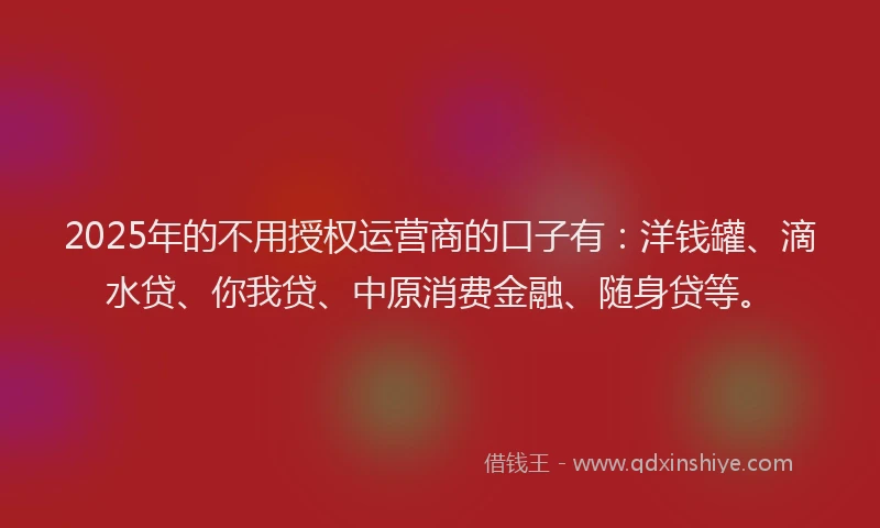 2025年的不用授权运营商的口子有：洋钱罐、滴水贷、你我贷、中原消费金融、随身贷等。