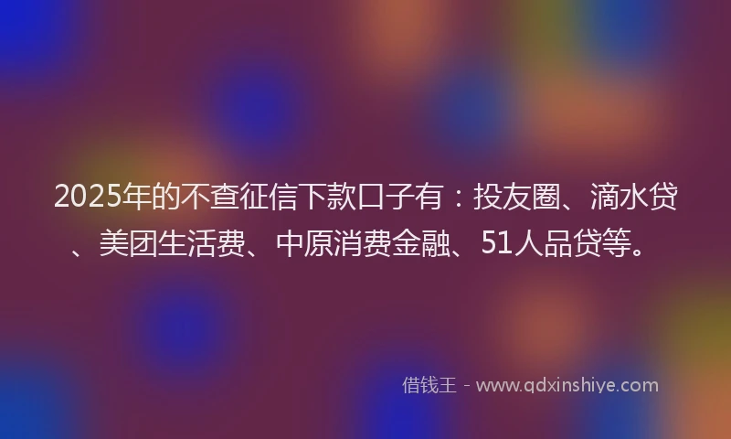 2025年的不查征信下款口子有：投友圈、滴水贷、美团生活费、中原消费金融、51人品贷等。