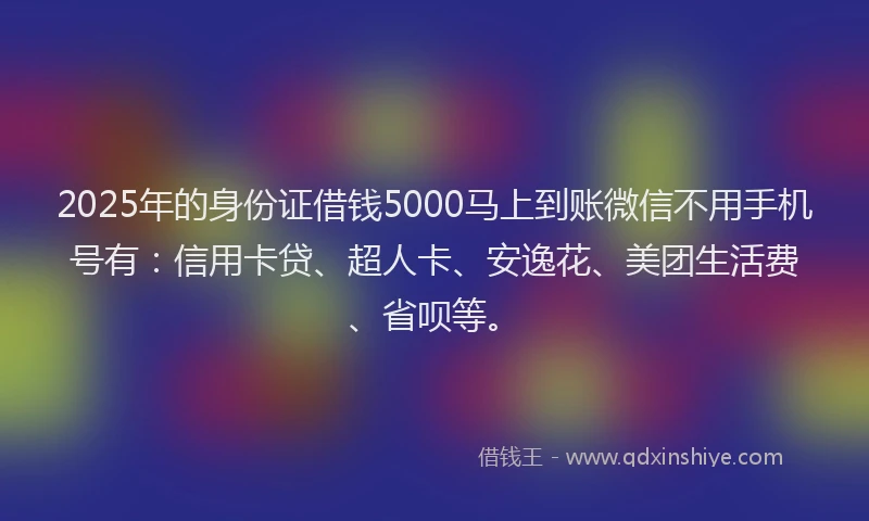 2025年的身份证借钱5000马上到账微信不用手机号有：信用卡贷、超人卡、安逸花、美团生活费、省呗等。