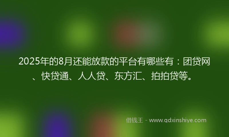 2025年的8月还能放款的平台有哪些有：团贷网、快贷通、人人贷、东方汇、拍拍贷等。