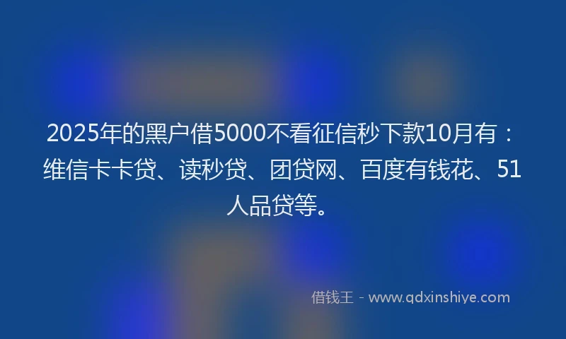 2025年的黑户借5000不看征信秒下款10月有：维信卡卡贷、读秒贷、团贷网、百度有钱花、51人品贷等。
