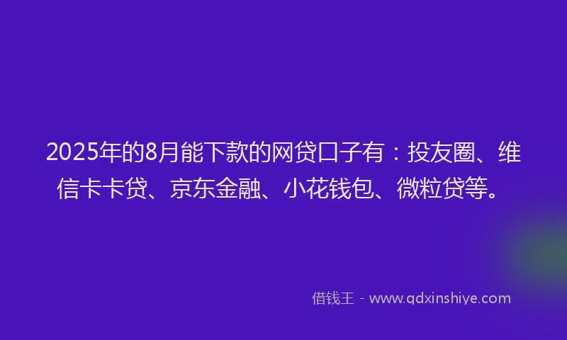 2025年的8月能下款的网贷口子有：投友圈、维信卡卡贷、京东金融、小花钱包、微粒贷等。