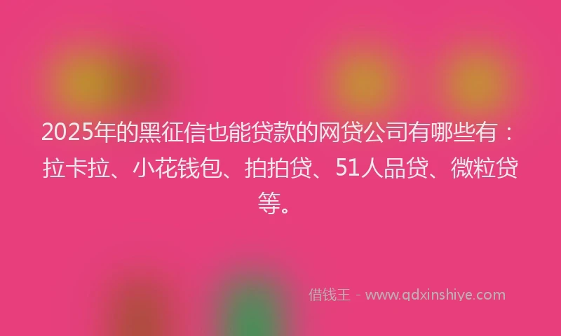 2025年的黑征信也能贷款的网贷公司有哪些有：拉卡拉、小花钱包、拍拍贷、51人品贷、微粒贷等。
