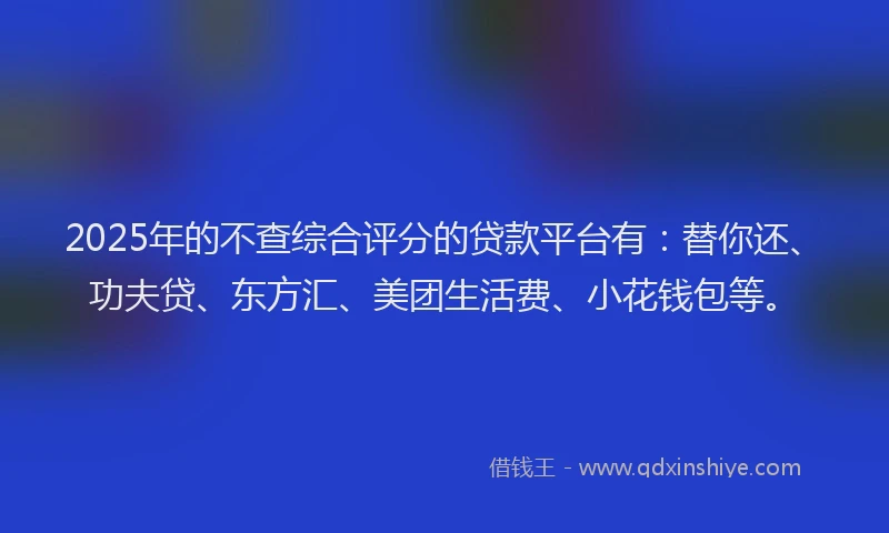 2025年的不查综合评分的贷款平台有：替你还、功夫贷、东方汇、美团生活费、小花钱包等。