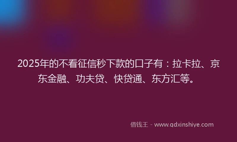 2025年的不看征信秒下款的口子有：拉卡拉、京东金融、功夫贷、快贷通、东方汇等。